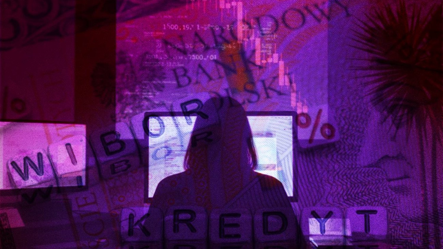 Osoba sprawdzająca swoje finanse, WIBOR w tle.