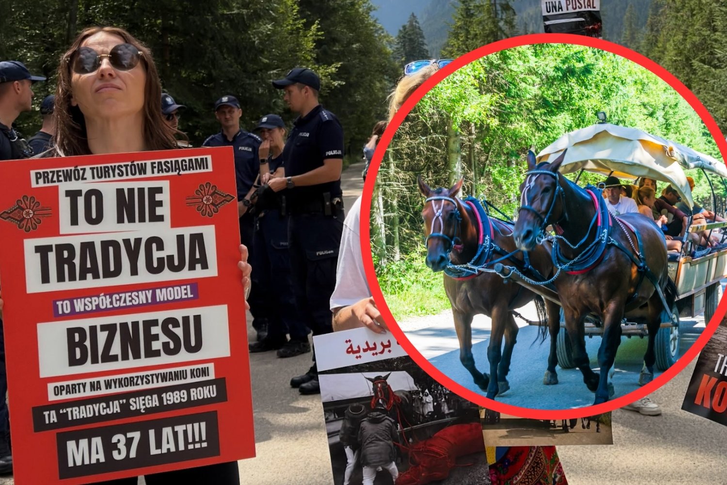 Strajkujące kobiety z plakatami o niebezpieczeństwie dla koni. W tle Policja.