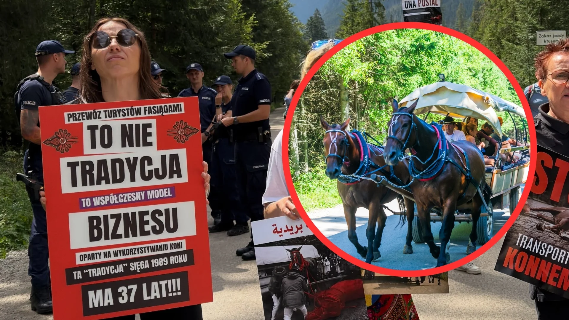 Awantura o fasiągi nabiera tempa. Fiakrzy ostrzegają: "Nie doprowadźcie do tragedii" Strajkujące kobiety z plakatami o niebezpieczeństwie dla koni. W tle Policja.