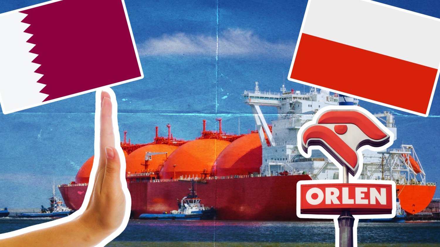 Tankowiec, znak Orlenu, flagi Kataru i Polski oraz ręka w geście STOP. Dostawa gazu do Polski wstrzymana. Pilna informacja dla Orlenu budzi obawy