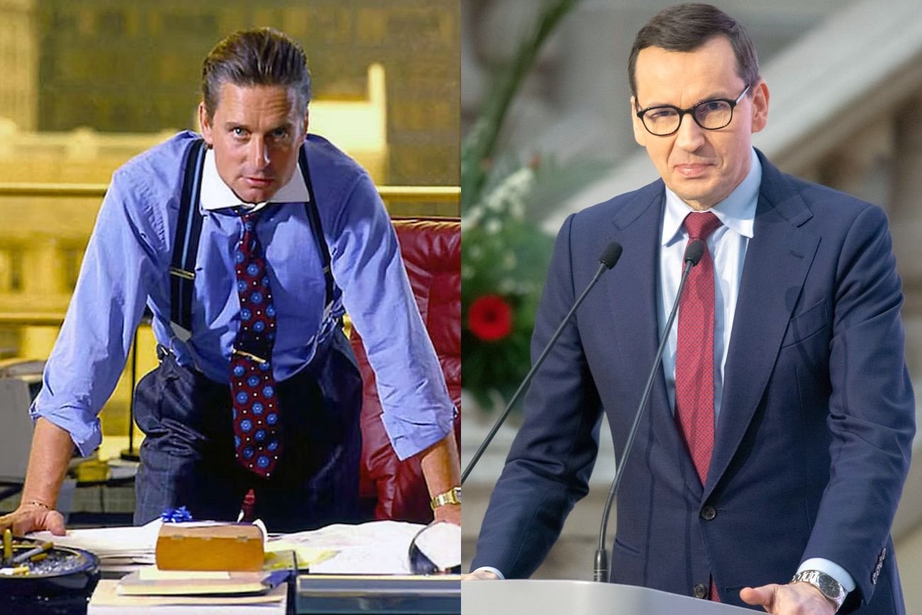 Michael Douglas w roli Gordona Gecko, a po prawej stronie Mateusz Morawiecki