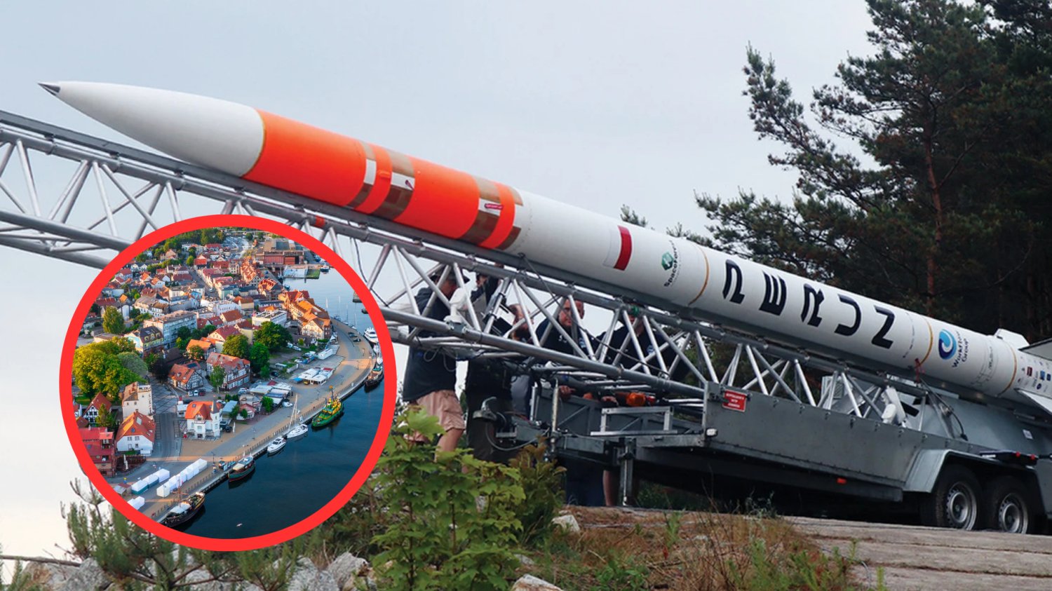 Polska rakieta Perun znów poleci w kosmos. Seria testów zdecyduje o jej przyszłości Rakieta Perun. W czerwonym kółku panorama Ustki.