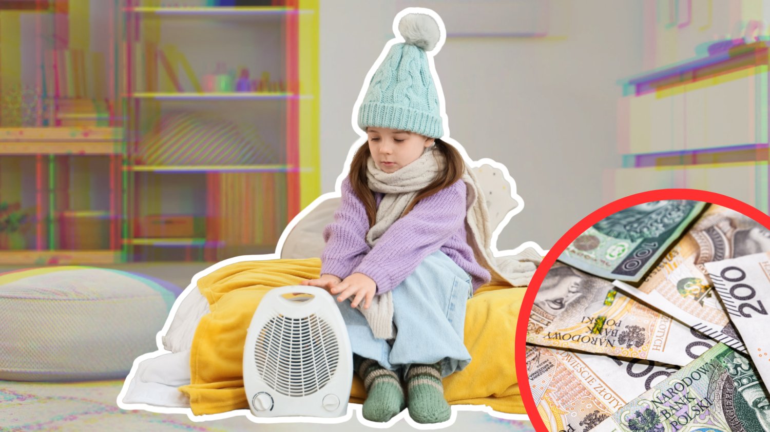 Dziewczynka siedzi na materacu przy małym, przenośnym grzejniczku, ubrana w kurtkę i czapkę. W tle rozmazany pokój. Obok pieniądze w czerwonym kółku.