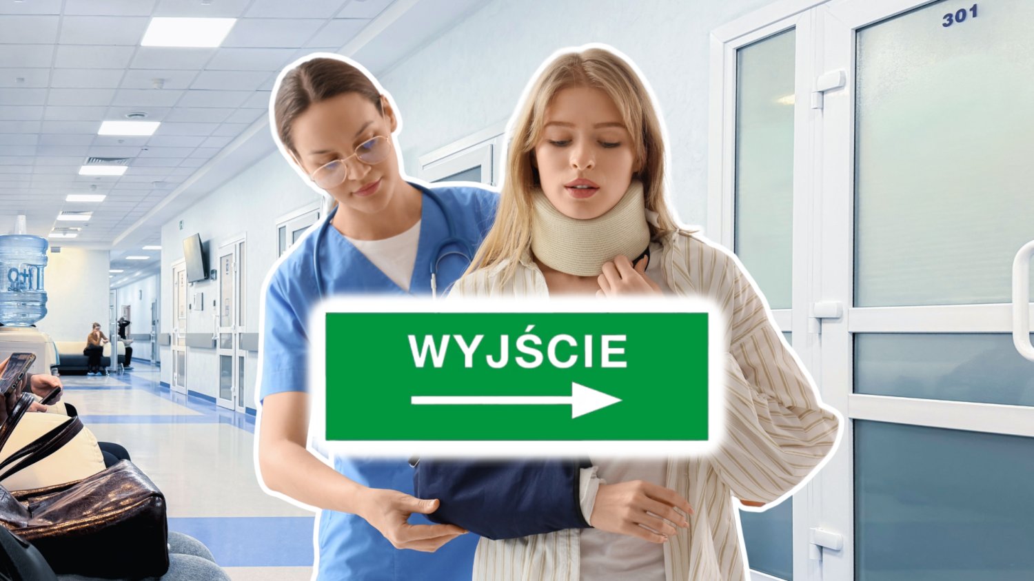 Kobieta połamana i z problemami zdrowotnymi kierowana przez pielęgniarkę do wyjścia.