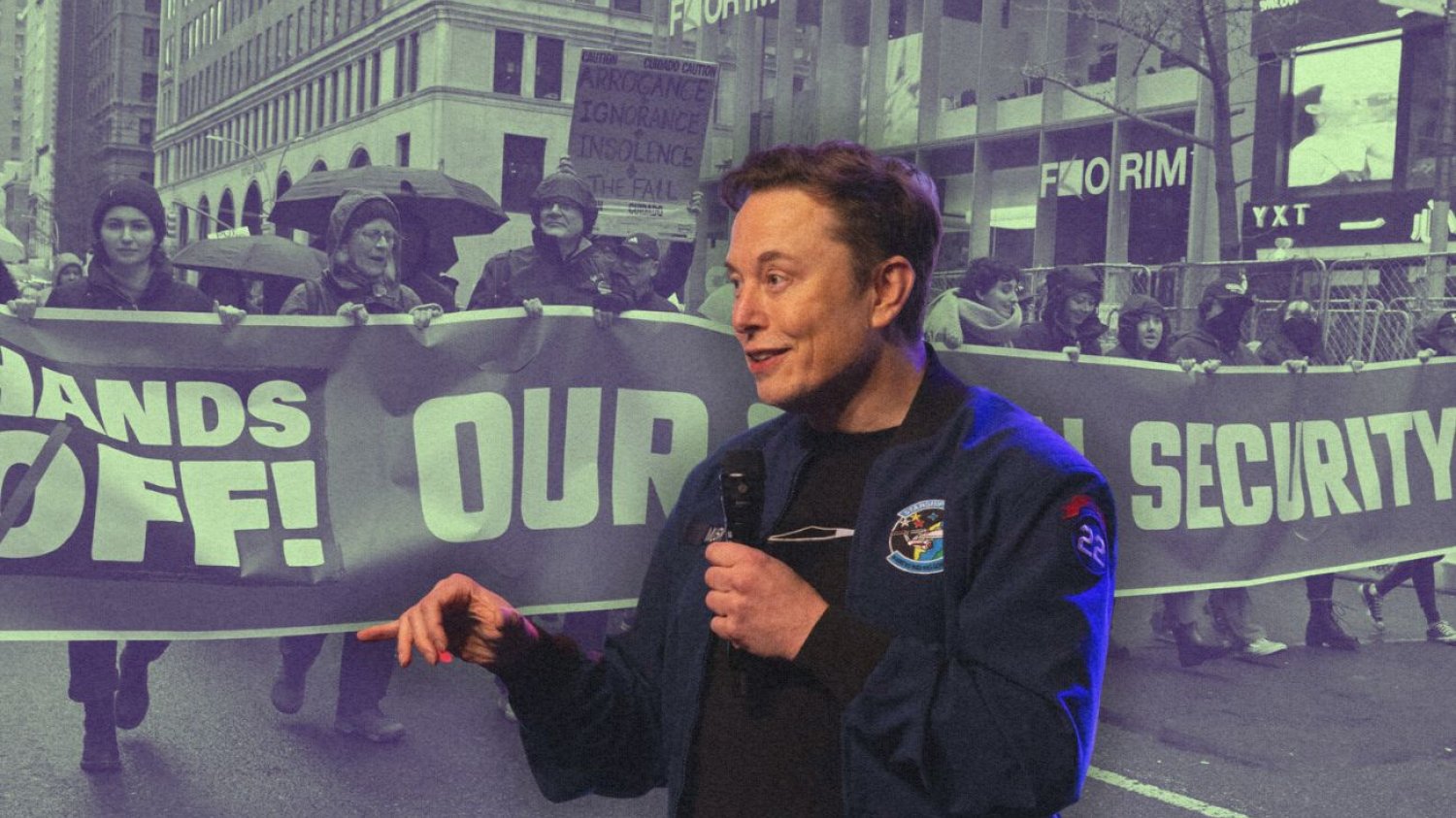 Elon Musk i protestujący.