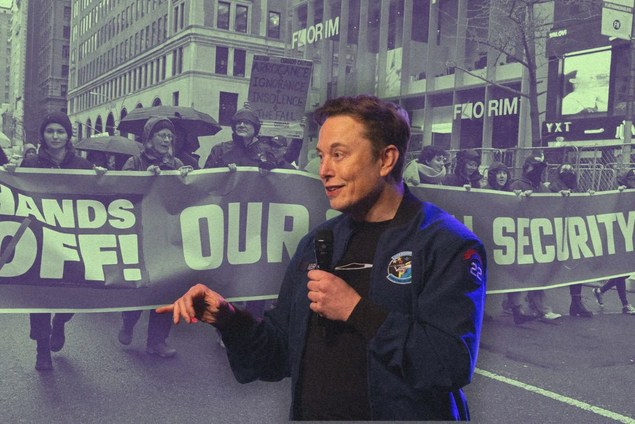 Elon Musk i protestujący.