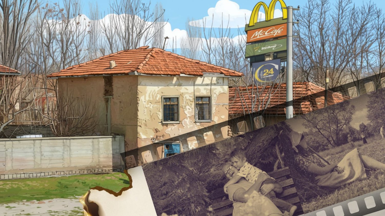 Polska C wyludnia się w szybkim tempie. Oferuje niskie zarobki, zwłaszcza dla kobiet. Rozwalający się budynek, w tle znak restauracji McDonald's. Na to nałożona klisza z rodzinnymi fotografiami.