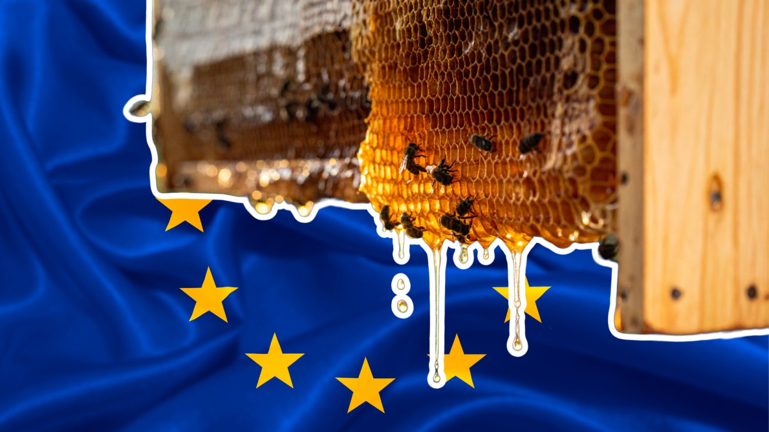 Unia Europejska wycofuje fałszowany miód ze sklepów. Branży nie będzie tak słodko Pasieka ociekająca miodem. W tle flaga Unii Europejskiej.