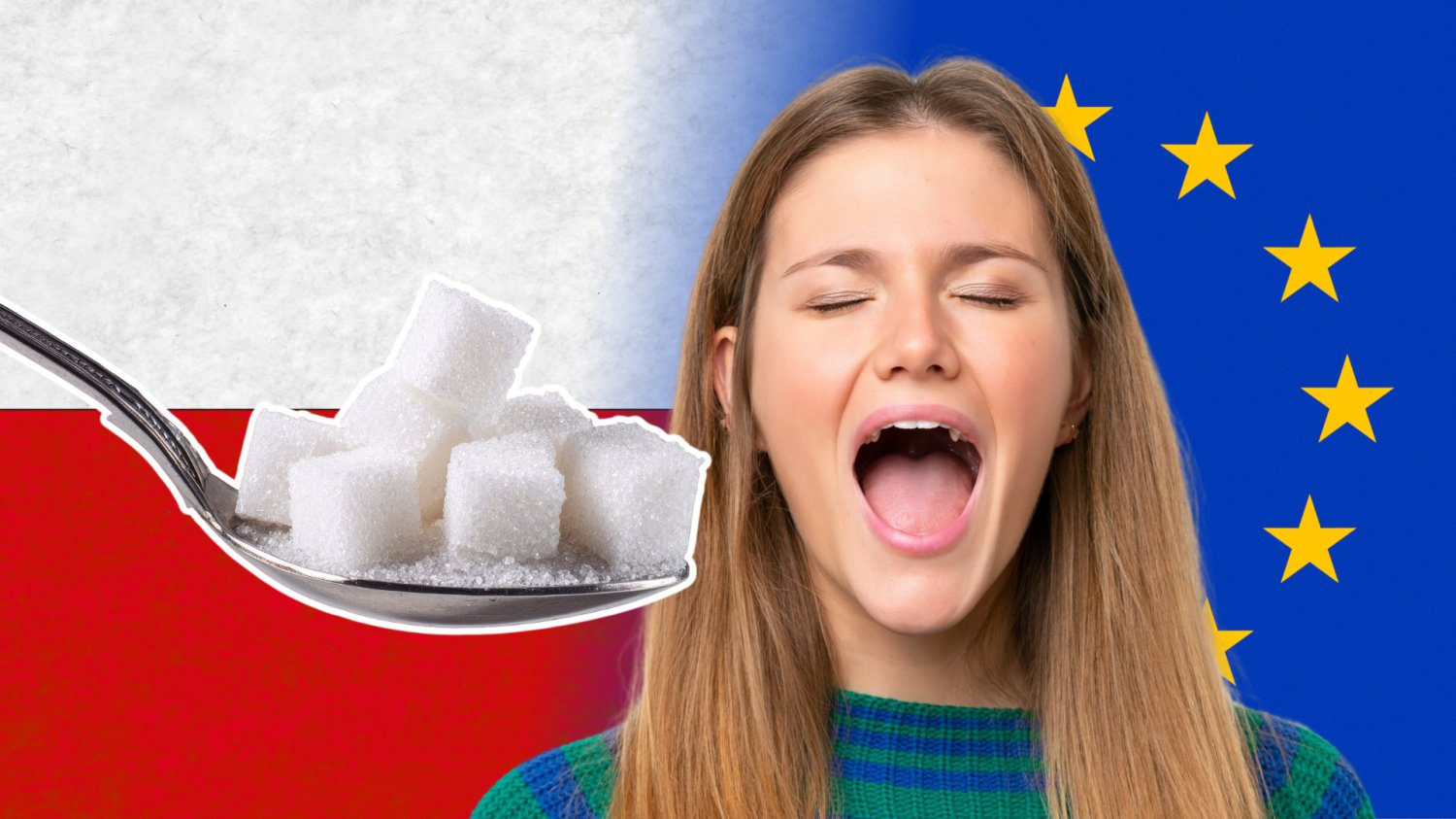 Kobieta z otwartą buzią sugerująca Unię Europejską i łyżka z cukrem po stronie polskiej. W tle dwie flagi, jedna Polski, druga Unii Europejskiej