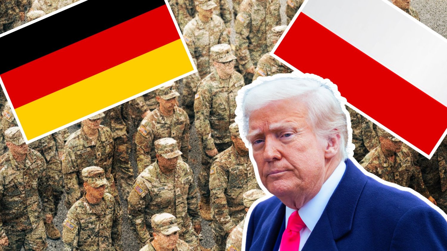 Ruletka Trumpa uderzy w Polskę i Niemcy. Europa w niepokoju Amerykańscy żołnierze, Donald Trump, flagi Polski oraz Niemiec. Niemiecka prasa ostrzega. Ruletka Trumpa uderzy w Polskę i Niemcy