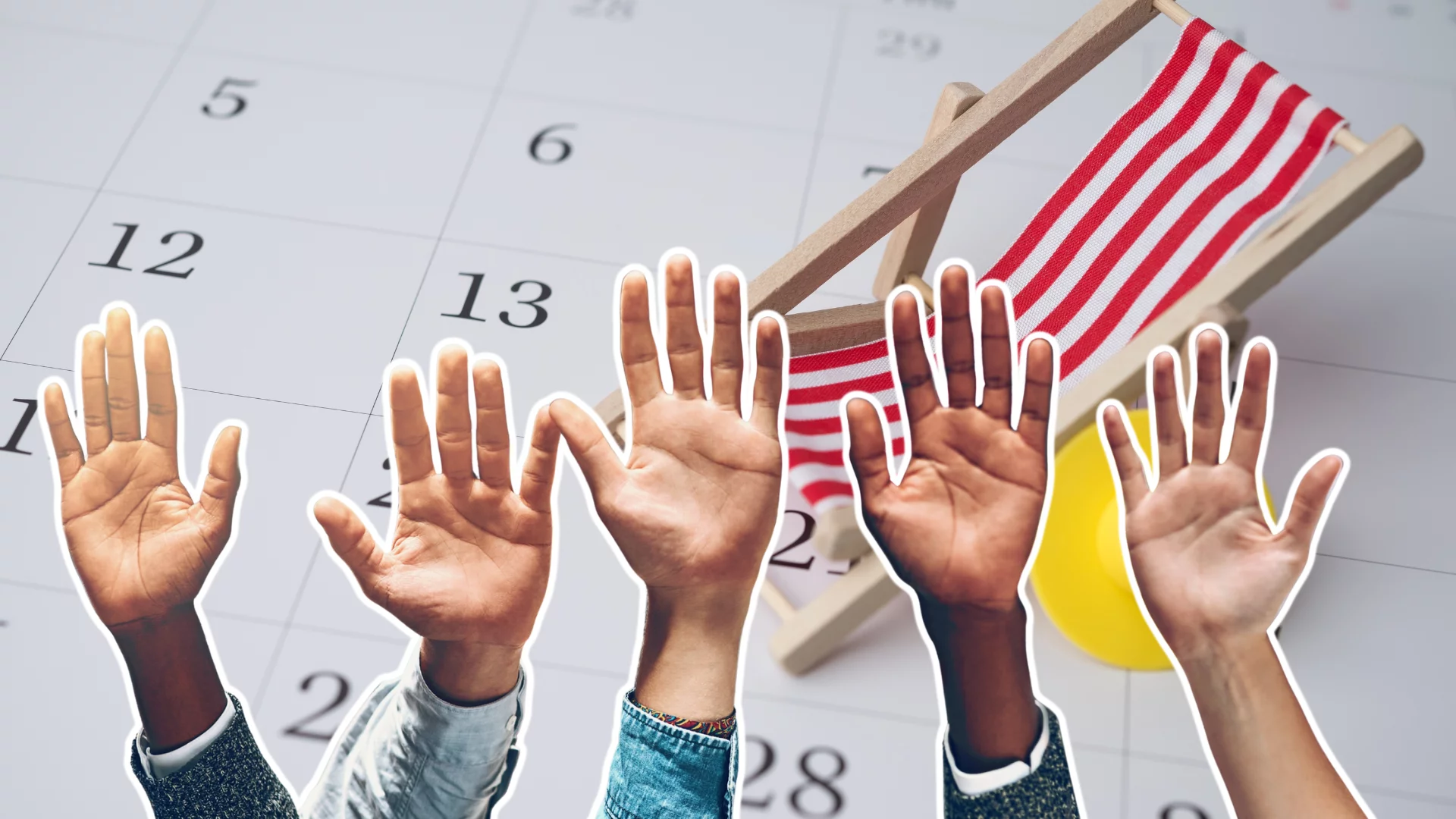 Kalendarz. Leżak wakacyjny. Ręce podniesione w górę symbolizujące głosowanie.