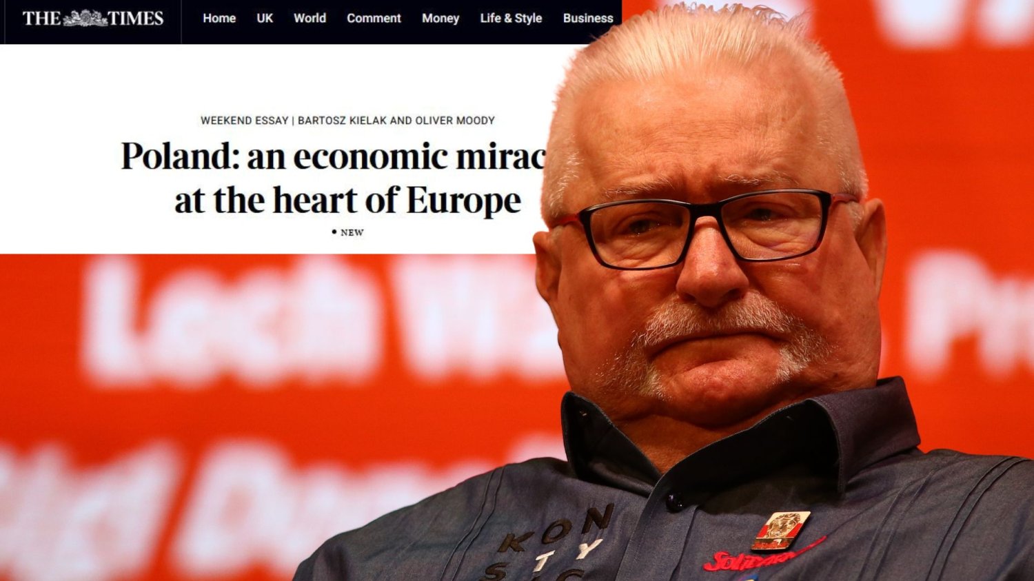 Lech Wałęsa na tle nagłówka z artykułu "The Times". Dziennik pisze o polskim wzrośnie gospodarczym.