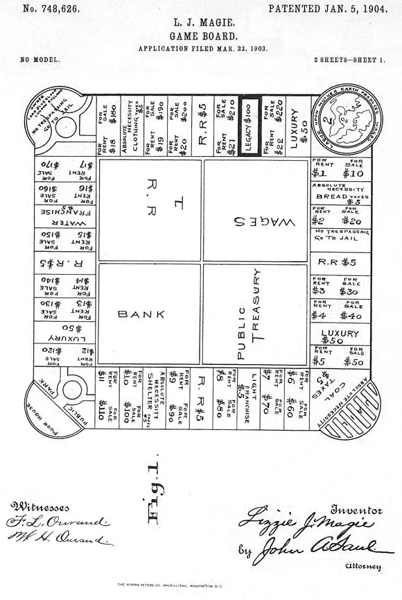 Plansza gry "The Landlord's Game" z pierwszej strony wniosku patentowego Elizabeth Magie.