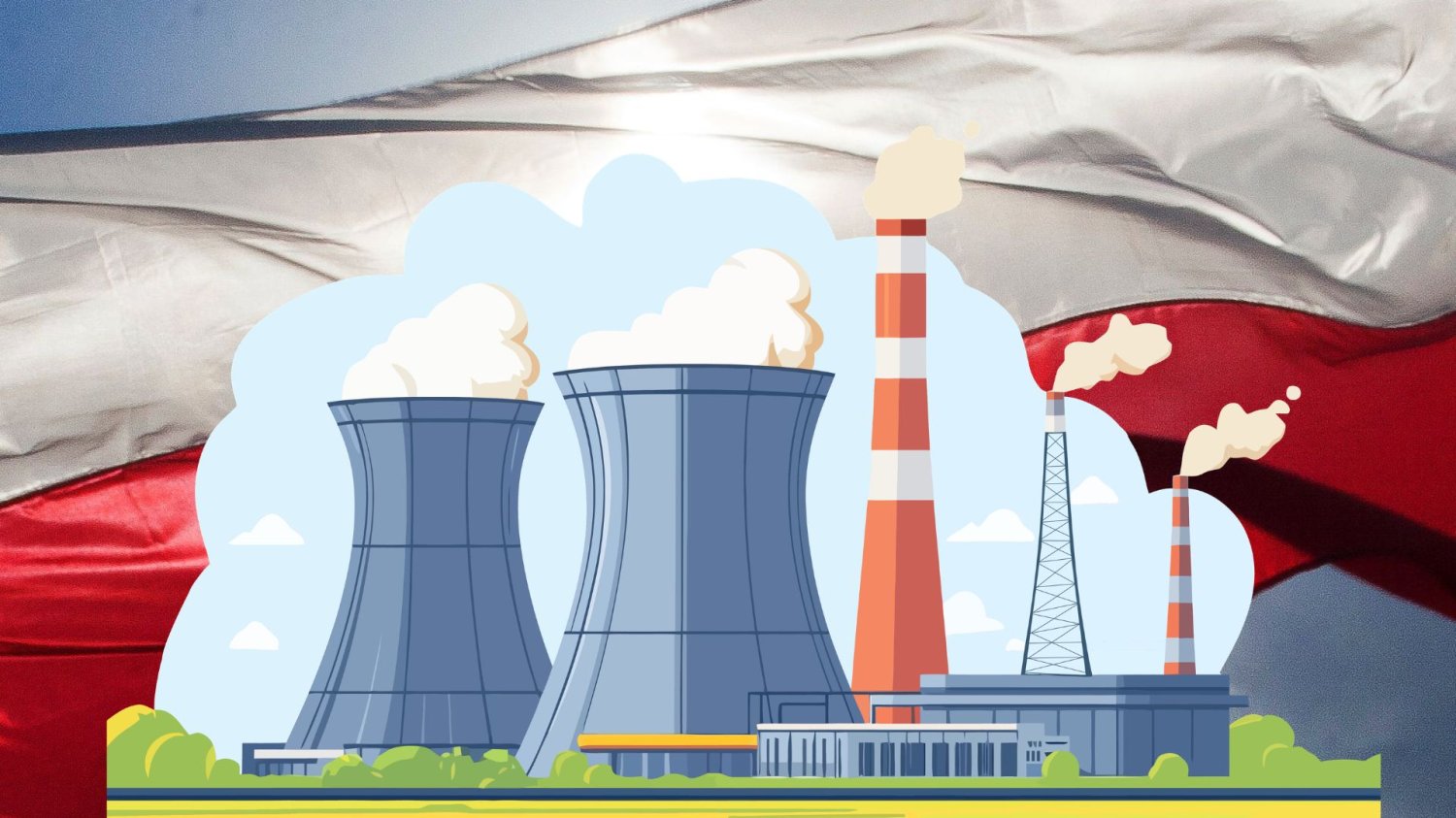 Bełchatów i Konin w grze o miliardy. Gdzie stanie druga polska elektrownia jądrowa? grafika elektrowni atomowej na tle polskiej flagi