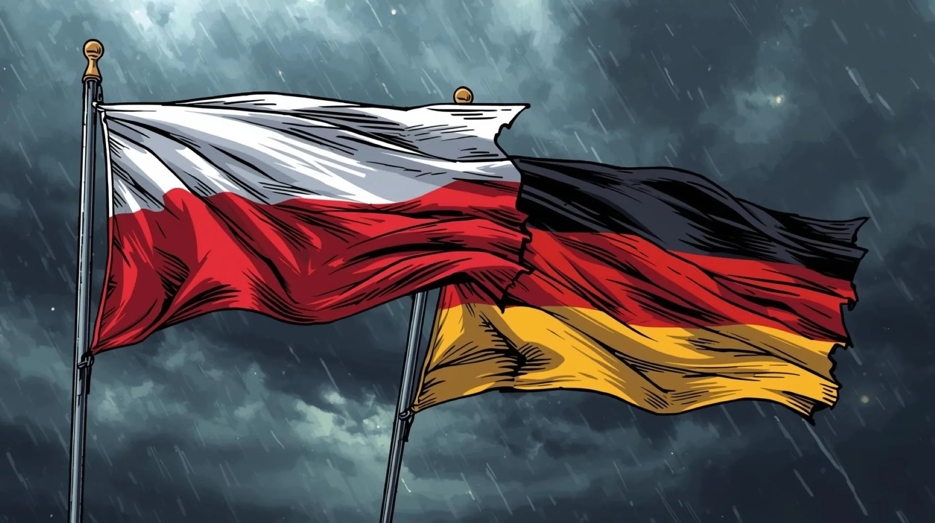 Flaga Polski i flaga Niemiec powiewające na tle burzowego nieba. Burza wokół fundacji: szefem może zostać muzyk disco polo.