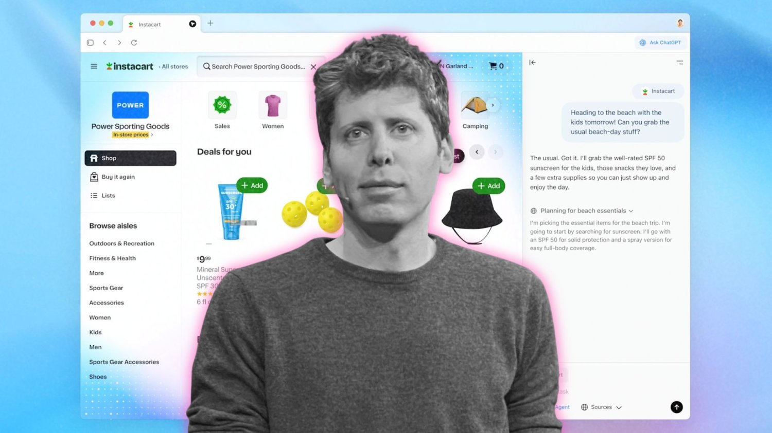 Lider OpenAI Sam Altman na tle okna przeglądarki ChatGPT Atlas.