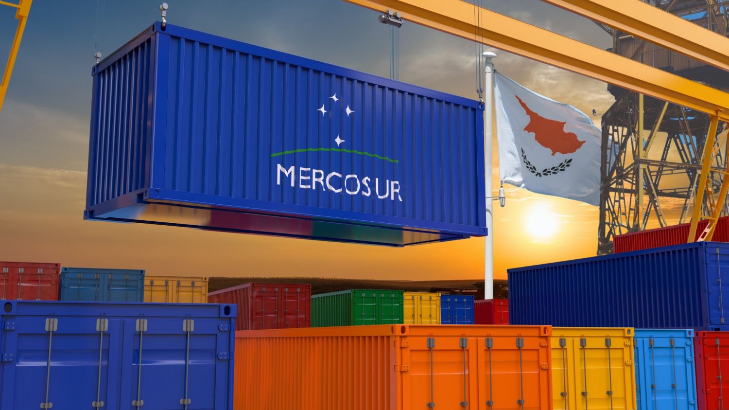 Mercosur wejdzie bez hamulców? Cypr wywołał skandal Wizualizacja kontenerów Mercosur i flaga Cypru. Cypr otworzył furtkę na natychmiastowy dopływ towarów z Mercosur, gdy umowa zostanie podpisana.
