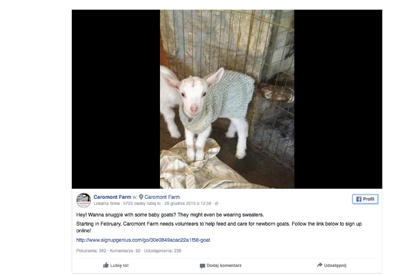 Link do ogłoszenia dotyczącego wolontariatu przy opiece nad młodymi kozami został zamieszczony na oficjalnym profilu farmy na Facebooku