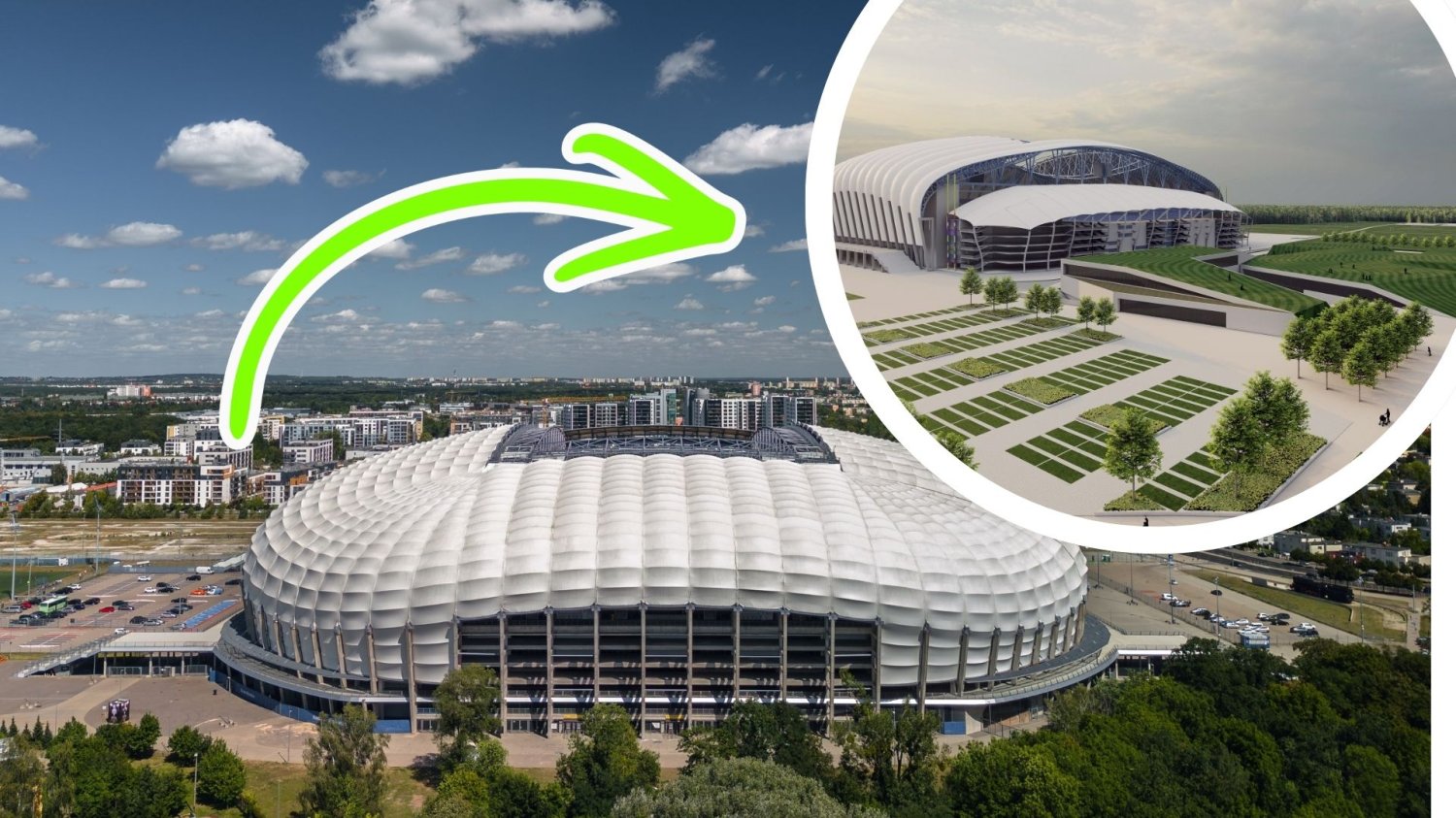 Stadion Enea w Poznaniu i wizualizacja planu B zagospodarowania jego przestrzeni. Poznań uchwalił plan wokół stadionu. Będzie plac, osiedla i centrum sportowe dla mieszkańców