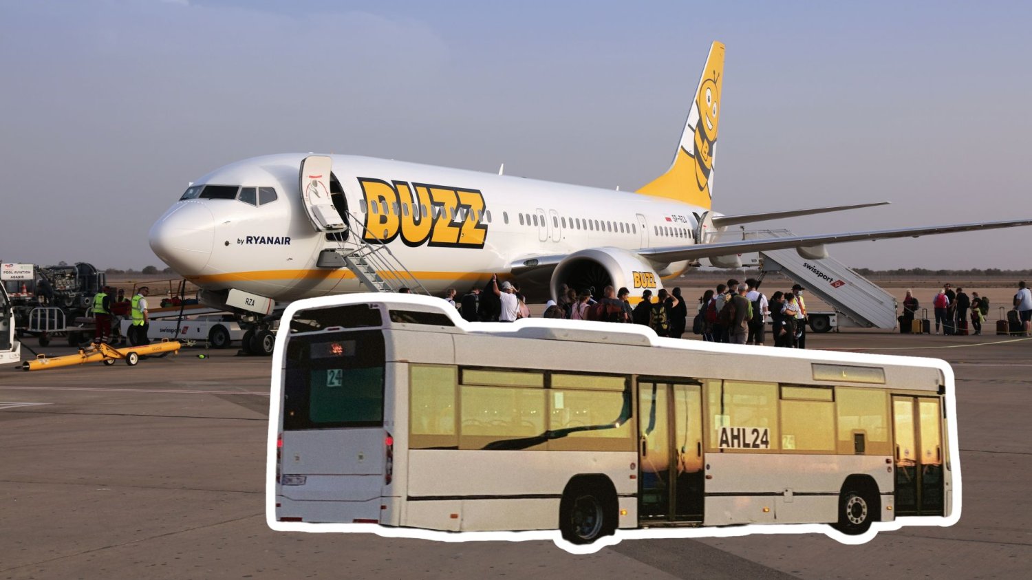 Lotnisko, samolot Buzz Grupy Ryanair, autobus.