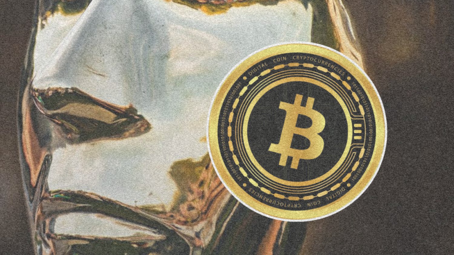 Figura Satoshiego Nakamoto i symbol bitcoin.