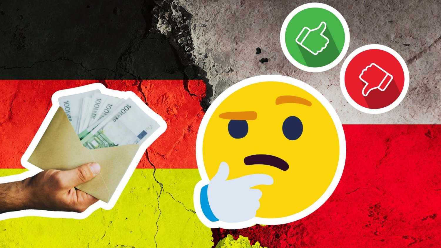 Flaga Niemiec i Polski, myślący emotikon, kciuk w górę i w dół oraz ręka wręczająca kopertę z banknotami euro. Tak Polacy oceniają dziś Niemców. Chłodny pragmatyzm, a w myślach reparacje