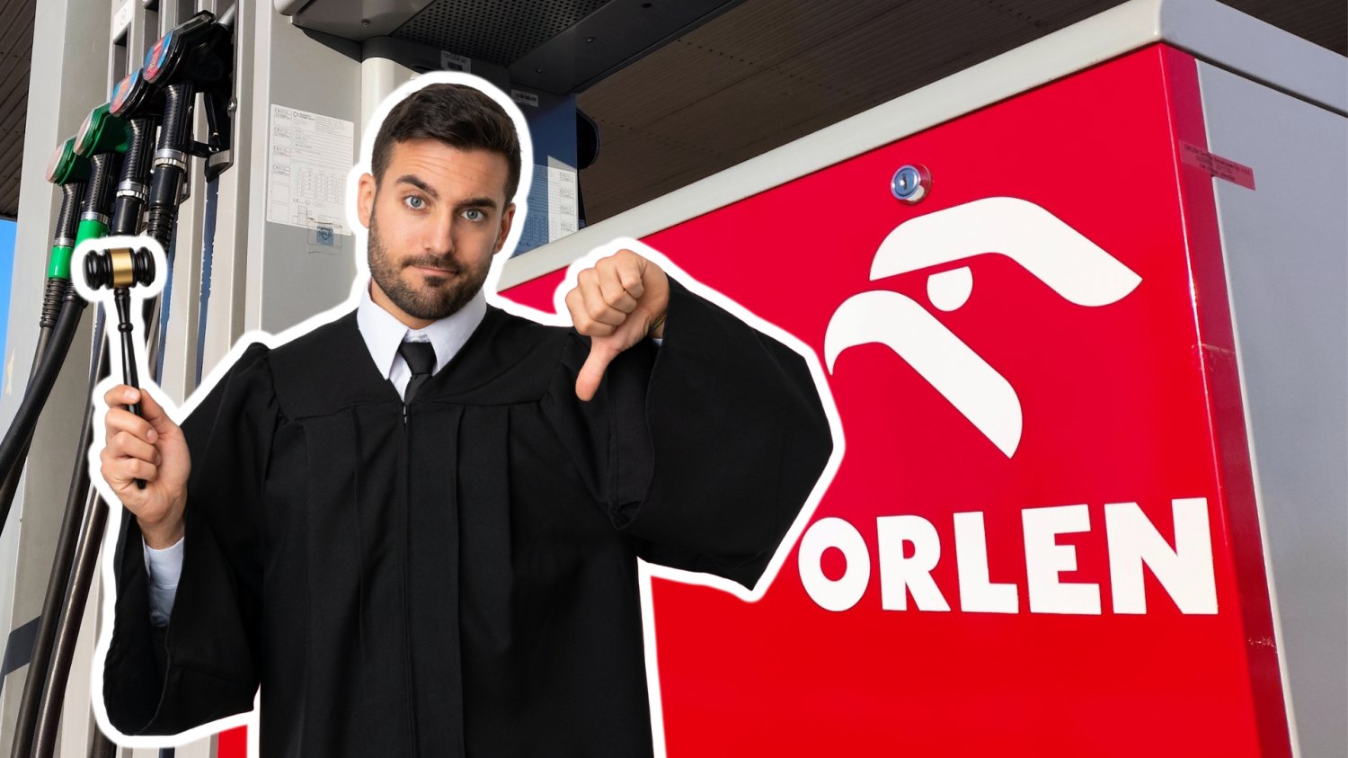 Orlen wydał 4,7 mln zł na polityczne billboardy. Fundacja wpada pod sądowy walec Stacja benzynowa Orlen. Sędzia z młotkiem i z palcem w dół.