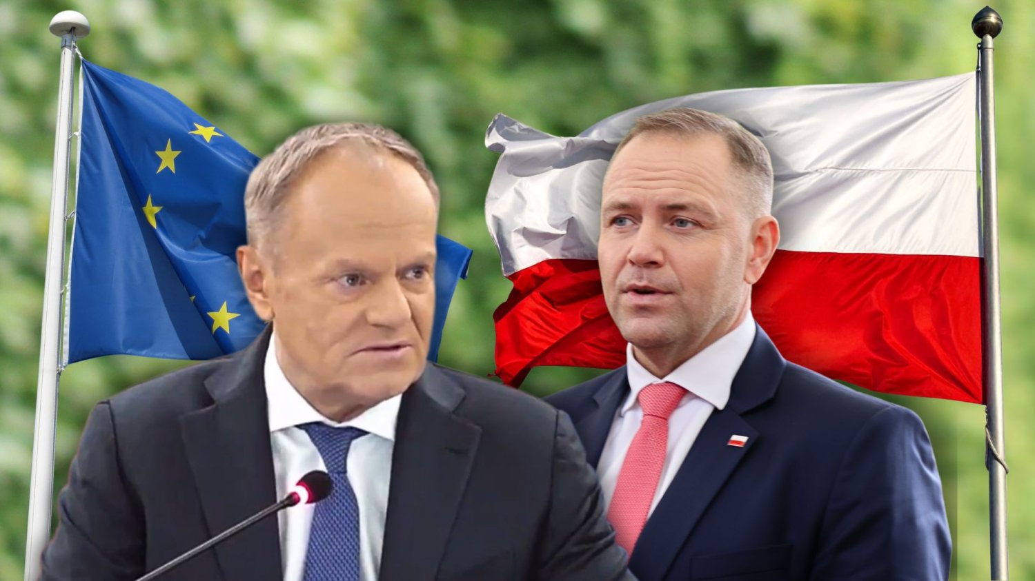 Polexit i weto SAFE. Niemiecki FAZ ostrzega przed końcem Polski jaką znamy. Donald Tusk, Karol Nawrocki, flaga Unii Europejskiej, flaga Polski.