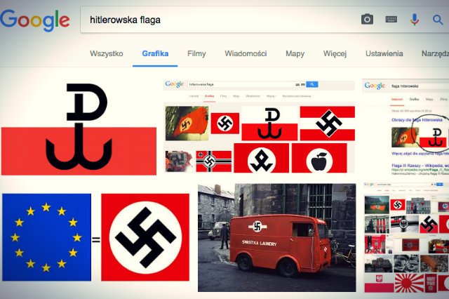 Po wpisaniu w wyszukiwarkę Google haseł zawierających słowo „hitlerowski” na ekranie pojawiają się symbole Polski Walczącej