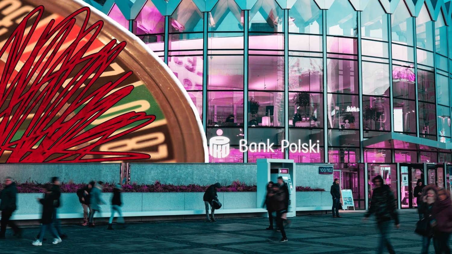 Oszustwo na PKO... kasyno. Złośliwa gra kradnie wizerunek banku i twoje pieniądze Placówka PKO Bank Polski w Rotundzie, pobazgrana ruletka.