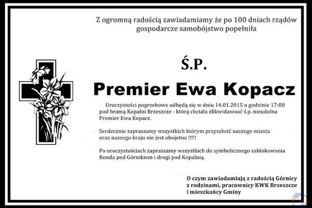 Grafika, jaką górnicy przygotowali Ewie Kopacz. Uleganie związkom zawodowym to jedna z przyczyn sporego spadku popularności premiera