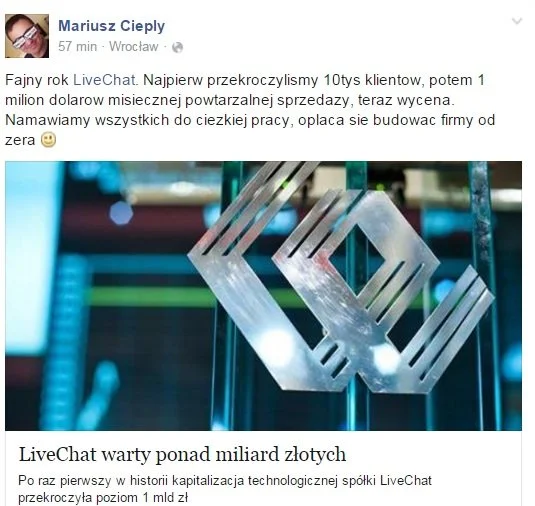 Post prezesa LiveChat Software, Mariusza Ciepłego w dzień, gdy wycena jego spółki pobiła rekord.