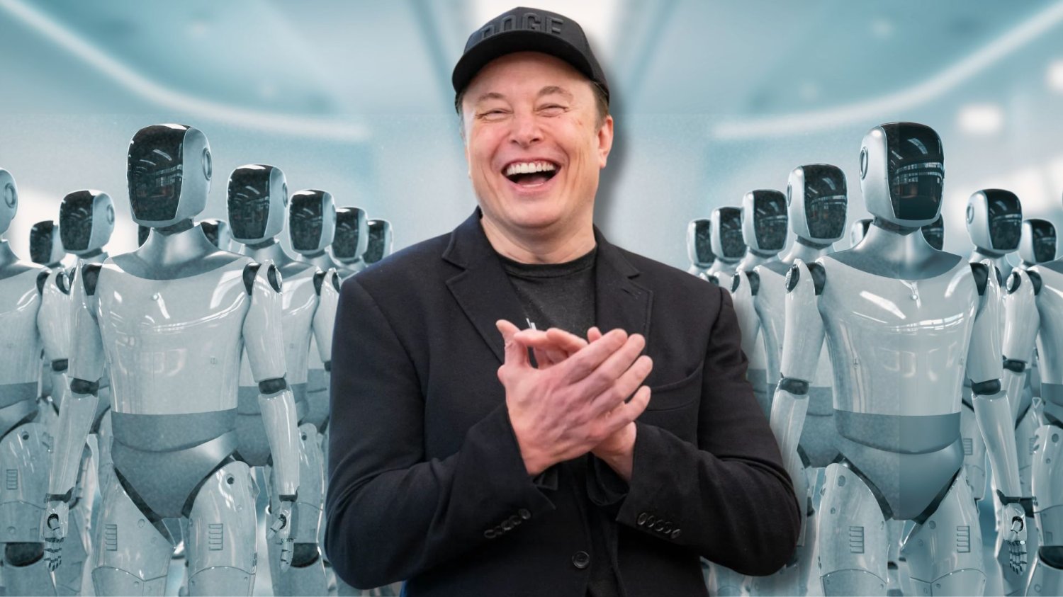 Szef Tesli Elon Musk stojący przed rzędami robotów.