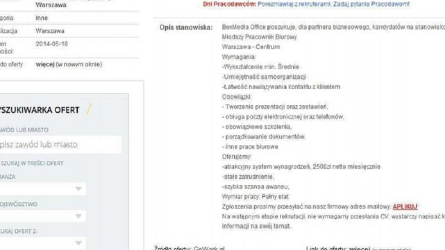 Przykład fikcyjnego ogłoszenia.