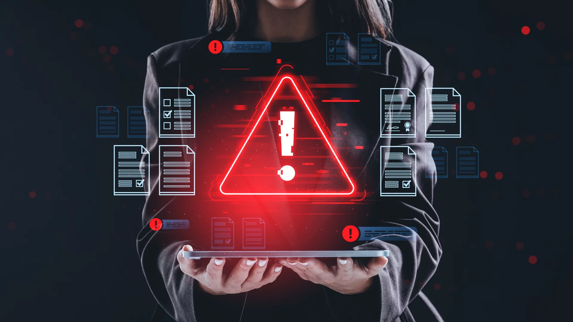 Kobieta trzyma laptop i wypływają z niego cyber zagrożenia, na środku zdjęcia czerwony znak ostrzegawczy.