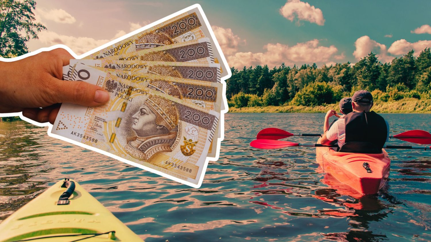 Ludzie w kajaku na rzece i ręka z banknotami 200 złotych.