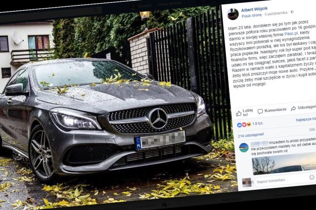 "I teraz gdy udało mi się osiągnąć sukces, jakiś facet z partii Razem w ramach walki z kapitalizmem życzy mi, żeby ktoś zniszczył moje nowe auto. Przykre. Ja mu życzę, żeby miał szczęście w życiu i kupił sobie dużo lepsze od mojego" - pisze Wójcik na FB