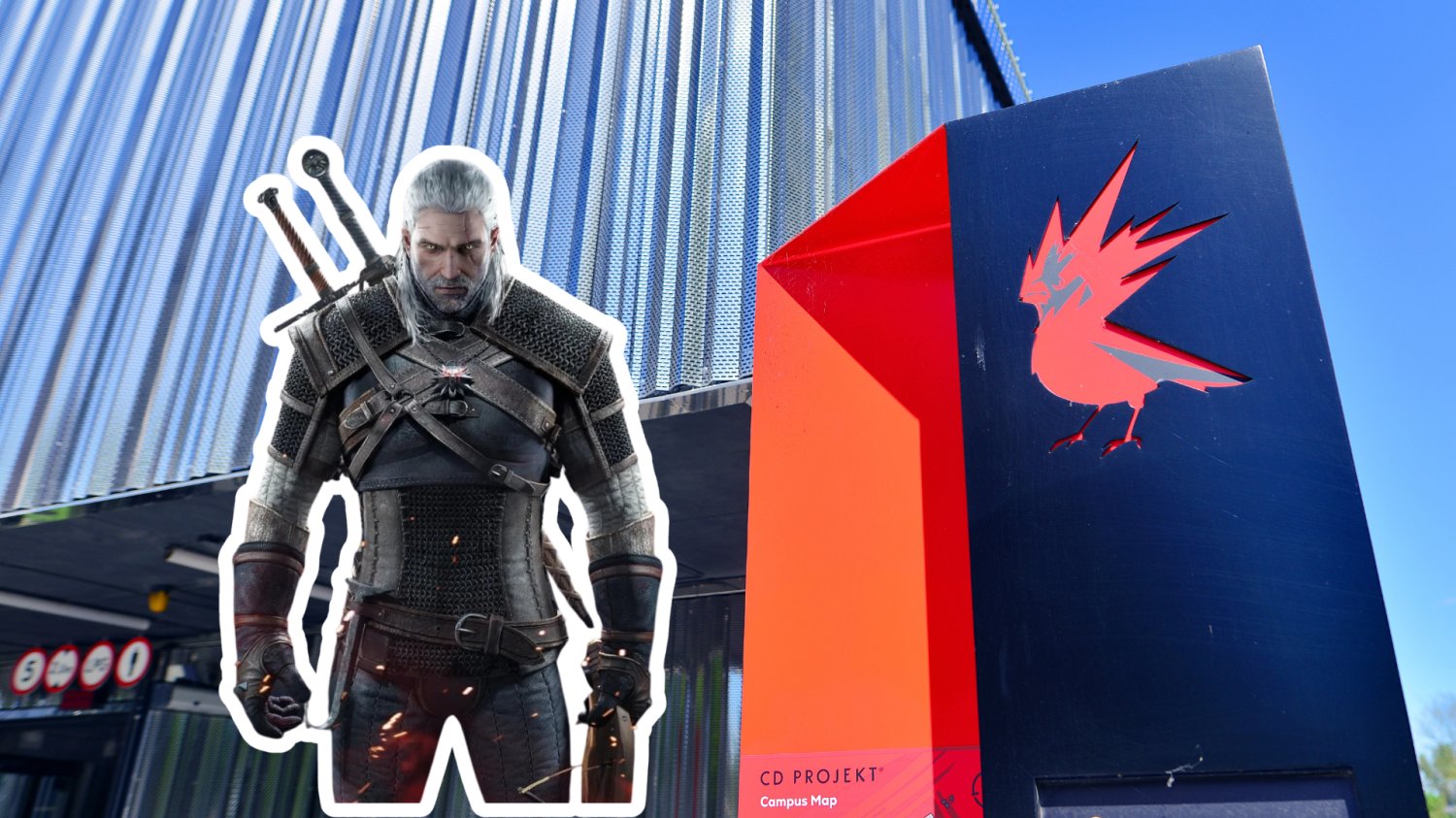 Wiedźmin na tle budynku CD Projekt
