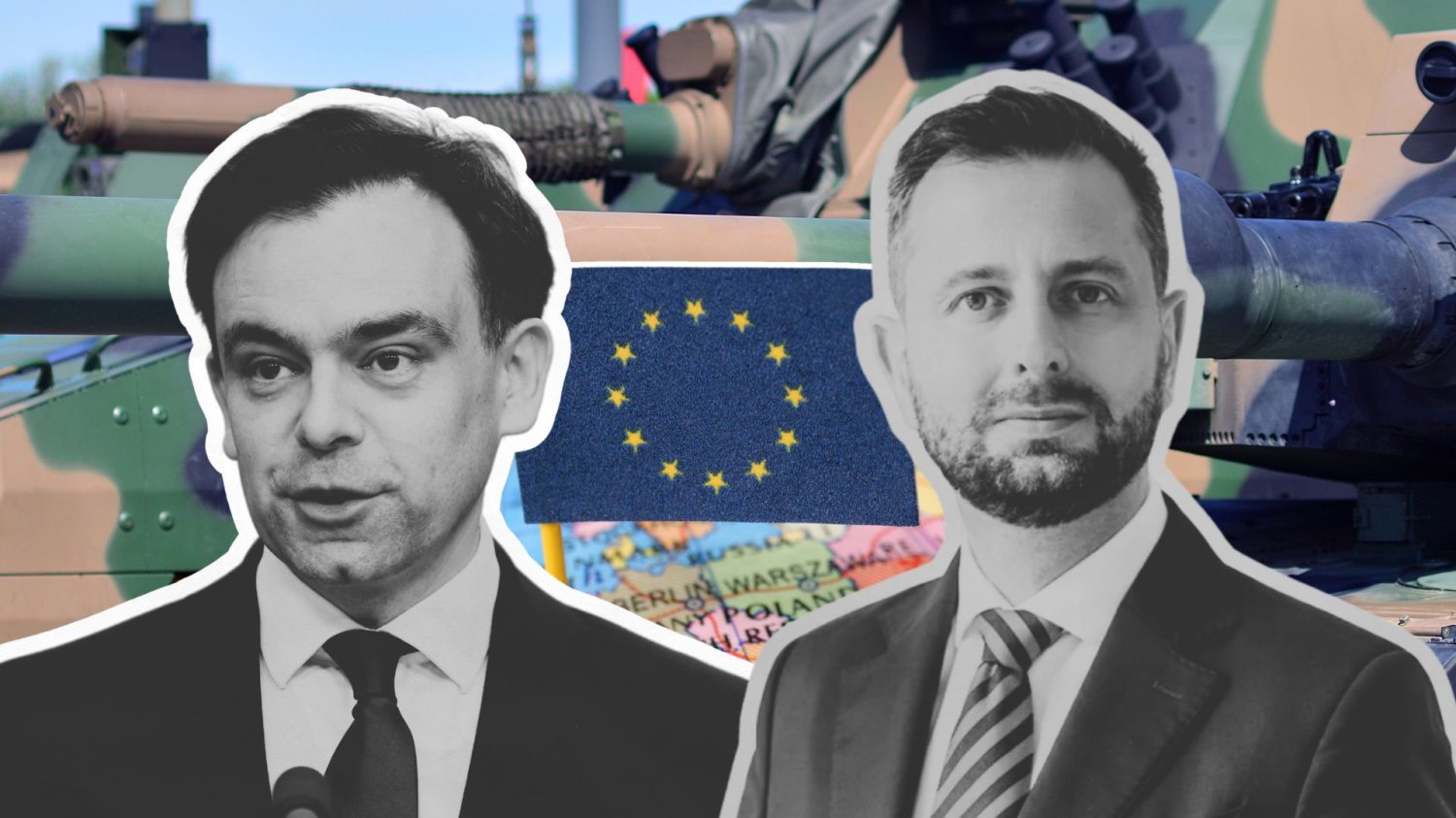 Andrzej Domański, Władysław Kosiniak-Kamysz na tle flagii Unii nad Polską i polskich pojazdów pancernych.