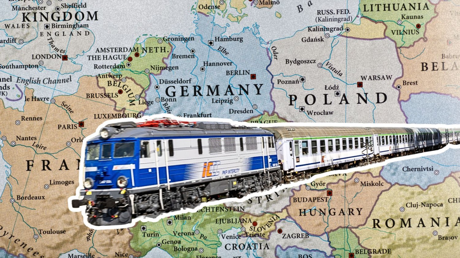 Nowe połączenia PKP, DB i SNCF. Warszawa i Paryż na jednym torze. Pociąg PKP Intercity na tle mapy Europy.