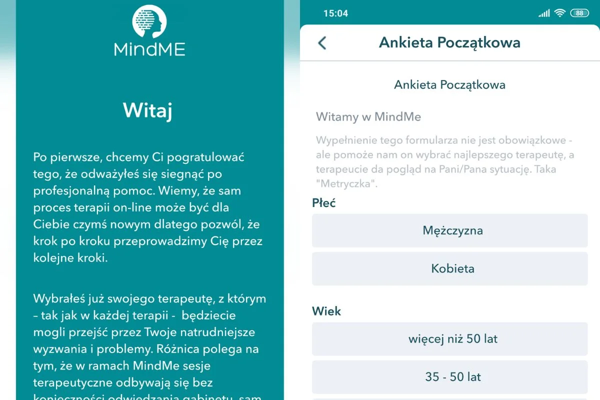 Po pierwszym uruchomieniu MindMe jesteśmy proszeni o wypełnienie krótkiej ankiety. Można też opisać swój problemy, ale jeszcze będą ku temu okazja, podczas czatu z terapeutą.