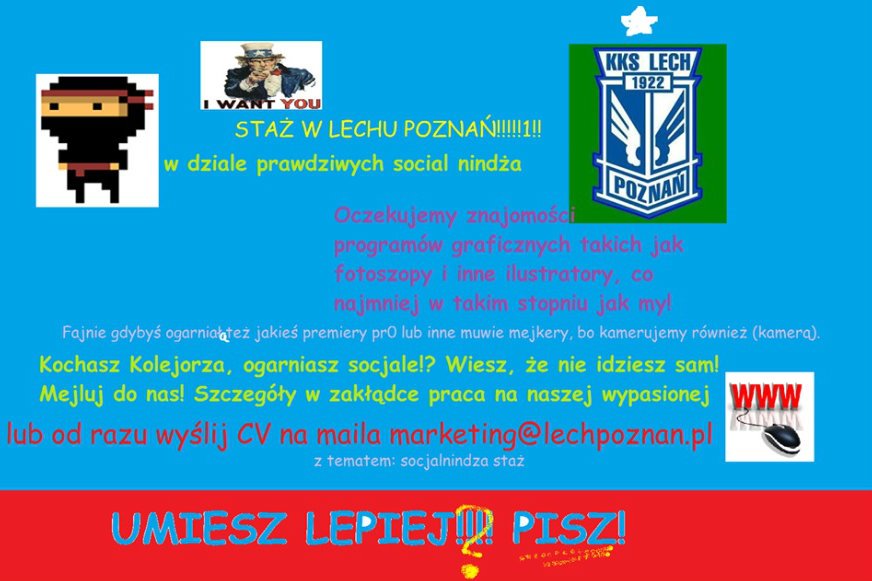 Lech Poznań opublikował na Facebooku nietypowe ogłoszenie o staż