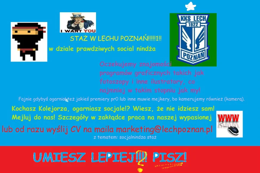 Lech Poznań opublikował na Facebooku nietypowe ogłoszenie o staż