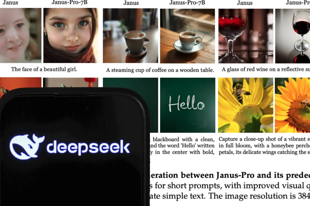 DeepSeek na smartfonie na tle przykładów obrazków Janusów.