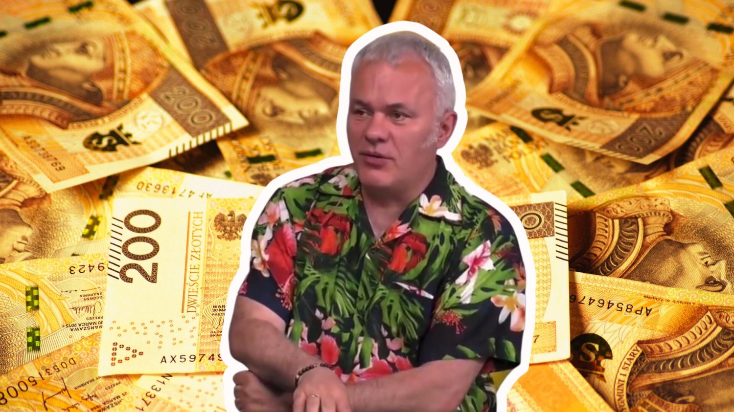 Robert Mazurek na tle stosu banknotów