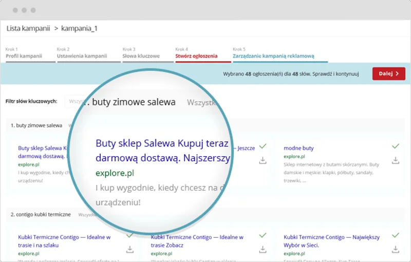 System SEOPilot automatycznie generuje ogłoszenia reklamowe na podstawie wybranych fraz. Można je modyfikować i kopiować do woli, co ułatwia żmudną pracę