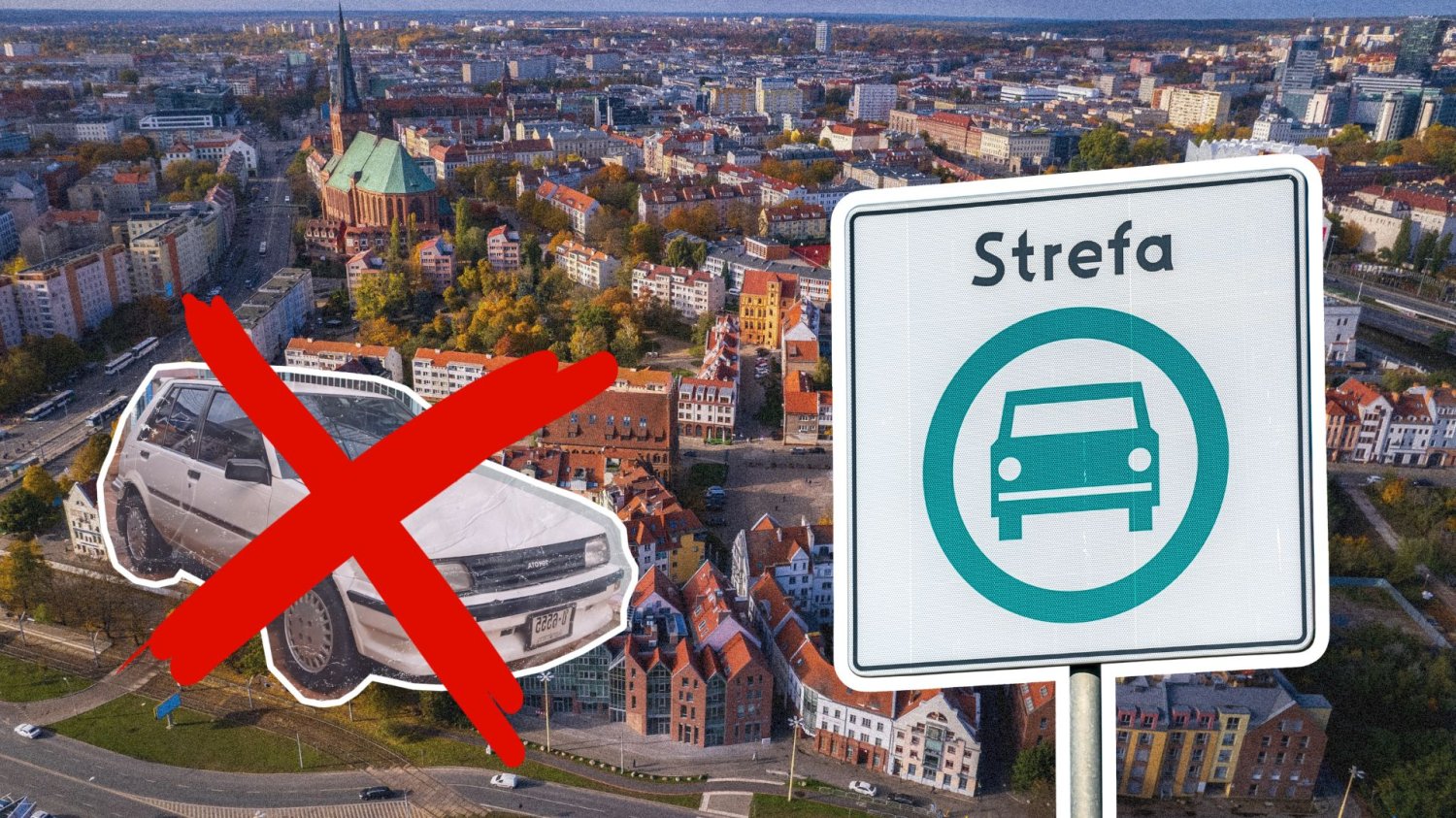 Znak Strefy Czystego Transportu, stary samochód, w tle miasto Szczecin,