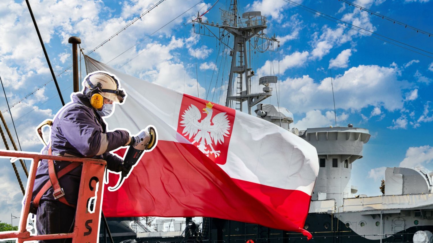PGZ Stocznia Wojenna zwiększy zatrudnienie. Młodzi mogą tu zrobić karierę na lata Pracownik stoczni na tle flagi Marynarki Wojennej RP. Stocznia Wojenna w Gdyni zwiększy zatrudnienie.