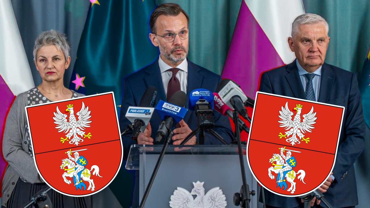 4,3 mln zl na Opiekę Wytchnieniową na Podlasiu. Opiekun też może być wyczerpany Zdjęcie z konferencji prasowej "Opieka Wytchnieniowa" na Podlasiu. Po bokach herby Podlasia.