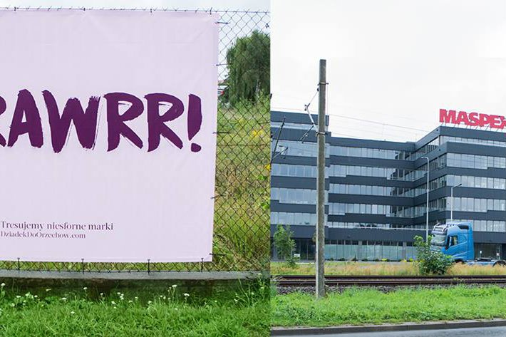 Agencja Dziadek do orzechów obok siedziby Maspex postawiła duży billboard